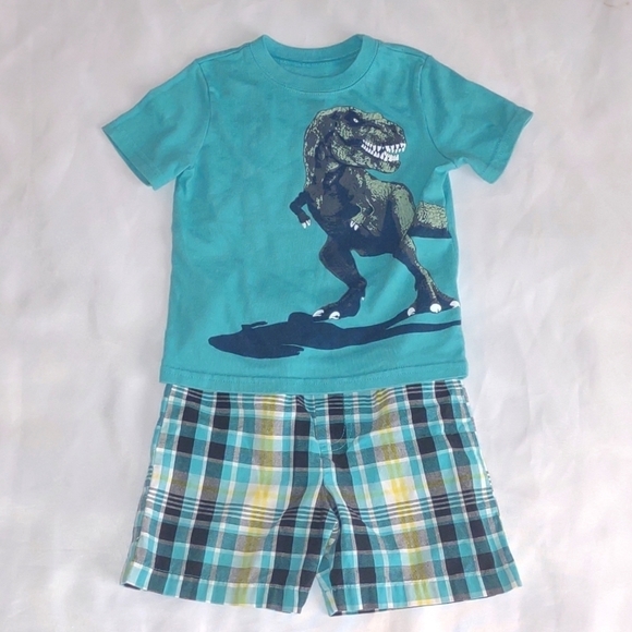 Garanimals Blue Dinosaur Outfit with Plaid Shorts - Picture 1 of 7